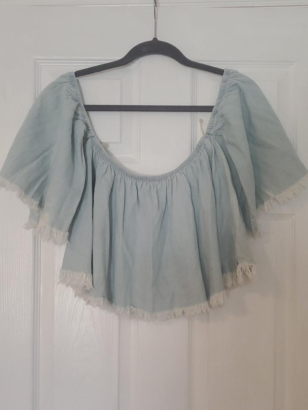 Fashion Nova Light Blue Off-Shoulder Fringe Blouse